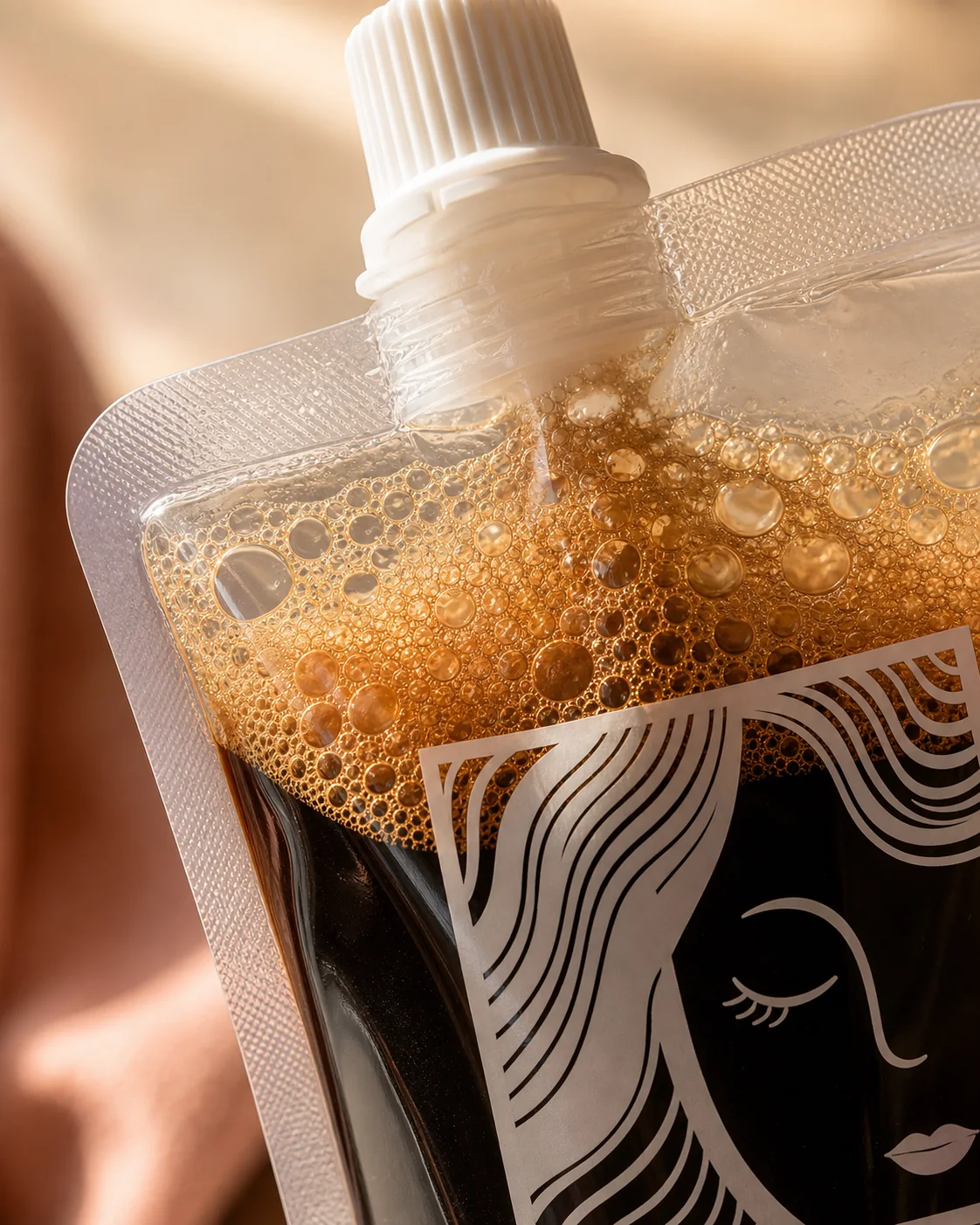 Detalle macro del espresso portable con crema, tapa y textura del pouch